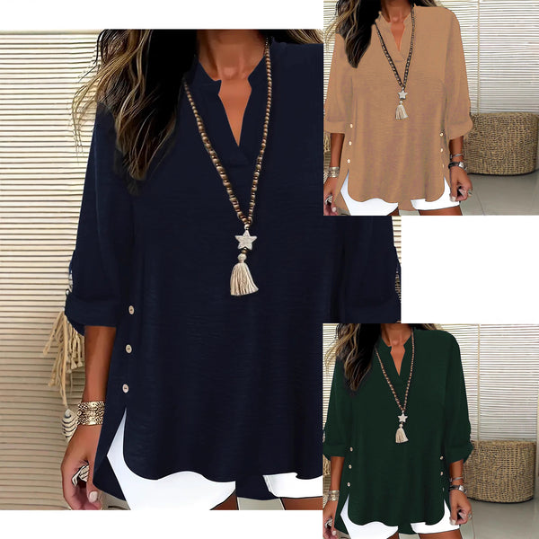 Plus-size Solid-color V-neck Top Elegant Shirt - ACScoolcart 