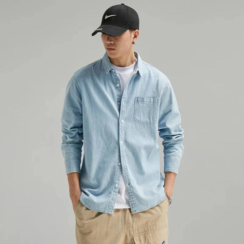 Mens Long Sleeve Single Pocket Denim Shirt - ACScoolcart 