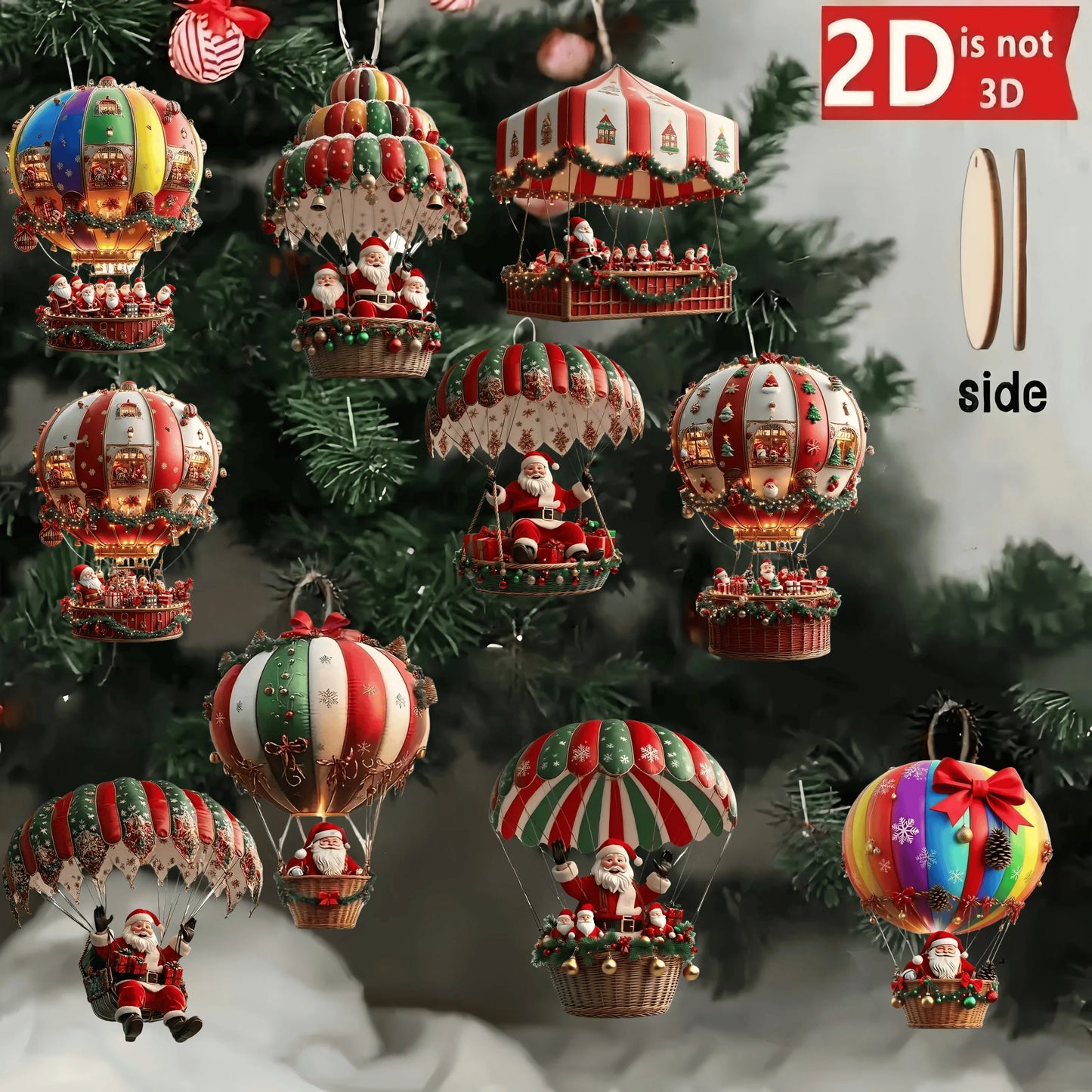 Wooden Hot Air Balloon Santa Claus Ornaments 10 pcs 2D Christmas Tree