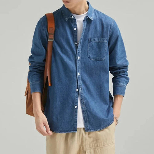 Mens Long Sleeve Single Pocket Denim Shirt - ACScoolcart 