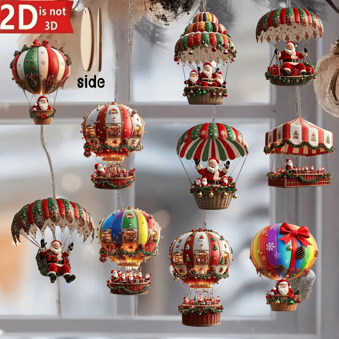 Wooden Hot Air Balloon Santa Claus Ornaments 10 pcs 2D Christmas Tree