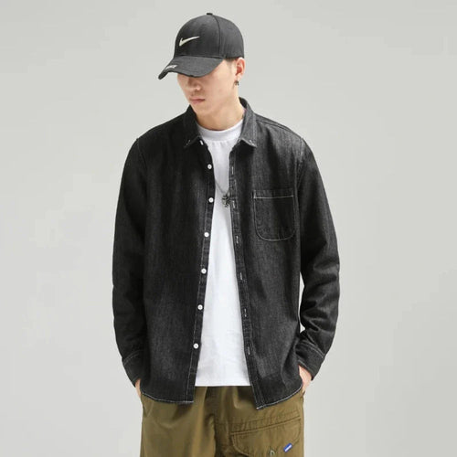 Mens Long Sleeve Single Pocket Denim Shirt - ACScoolcart 