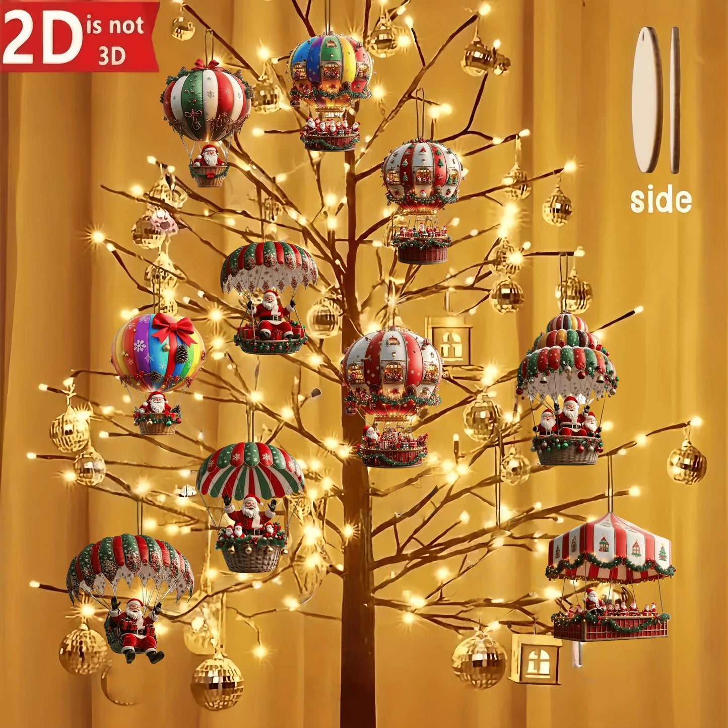 Wooden Hot Air Balloon Santa Claus Ornaments 10 pcs 2D Christmas Tree