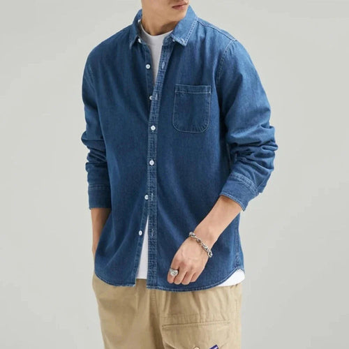 Mens Long Sleeve Single Pocket Denim Shirt - ACScoolcart 