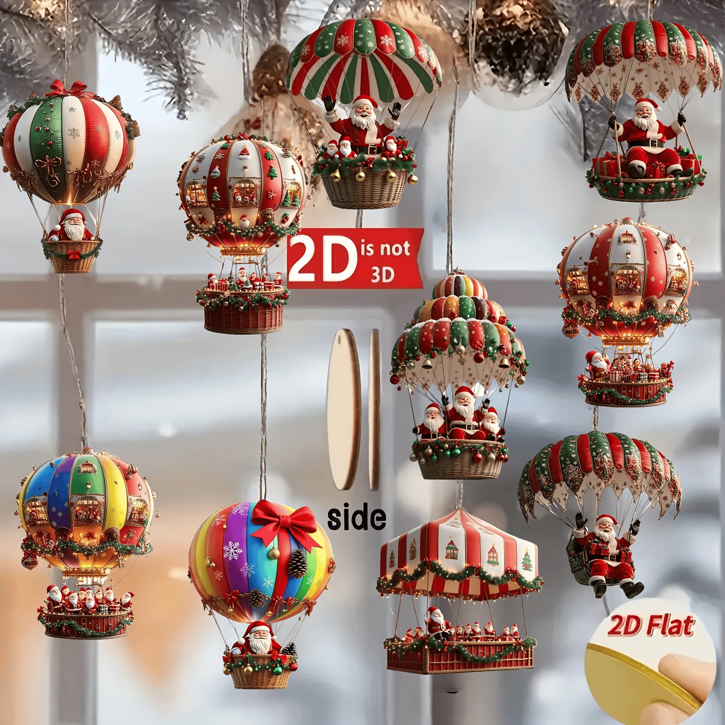 Wooden Hot Air Balloon Santa Claus Ornaments 10 pcs 2D Christmas Tree