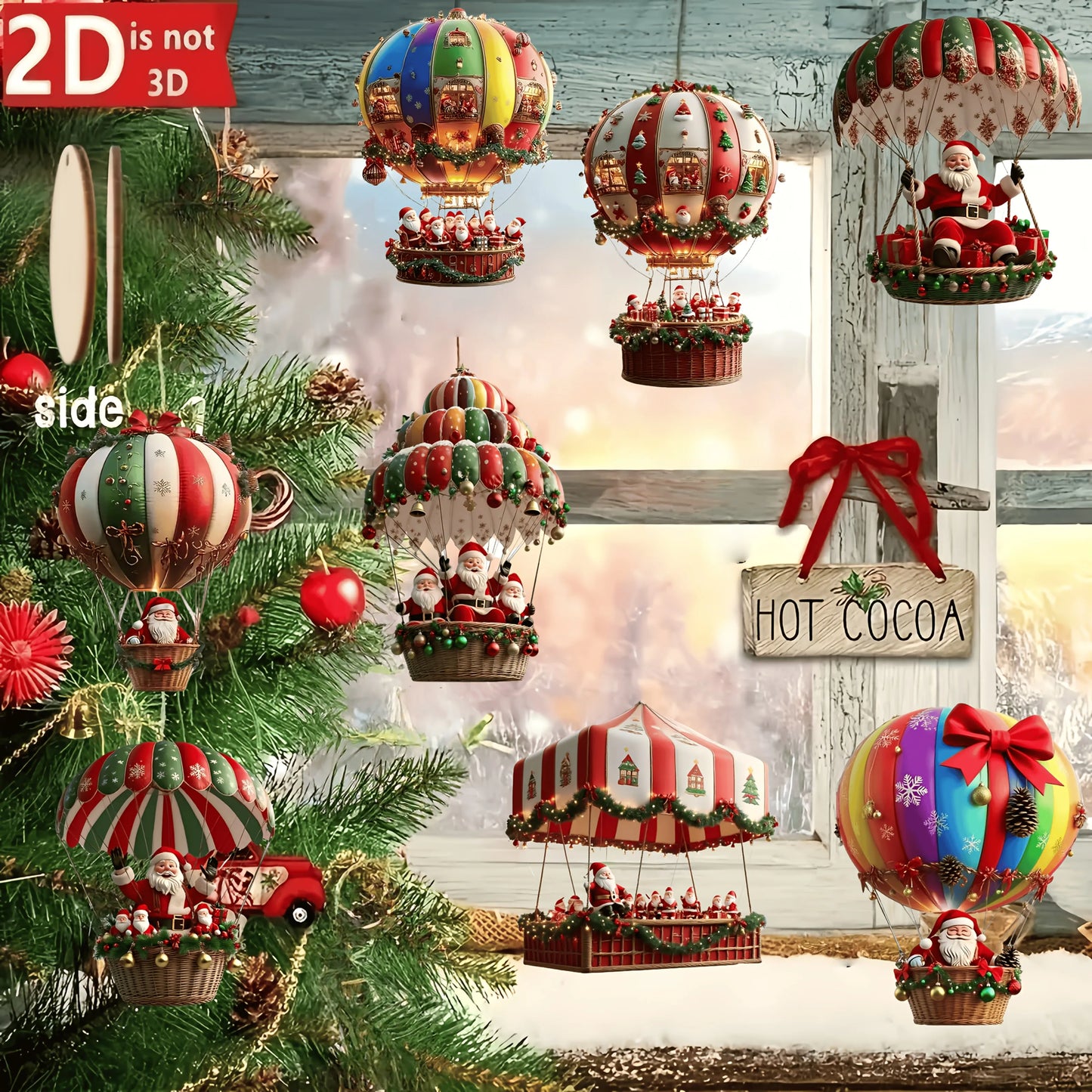 Wooden Hot Air Balloon Santa Claus Ornaments 10 pcs 2D Christmas Tree