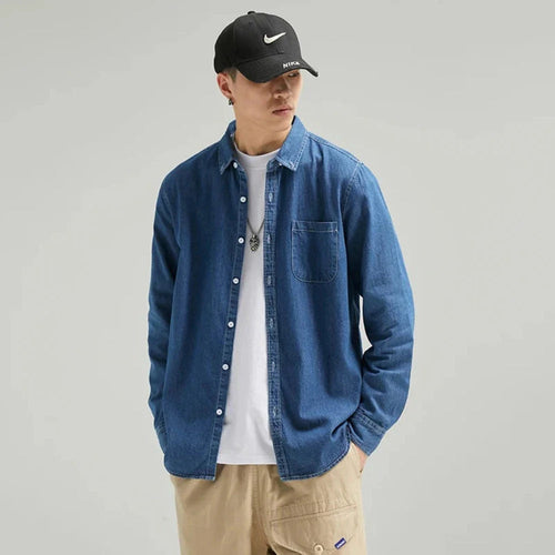 Mens Long Sleeve Single Pocket Denim Shirt - ACScoolcart 