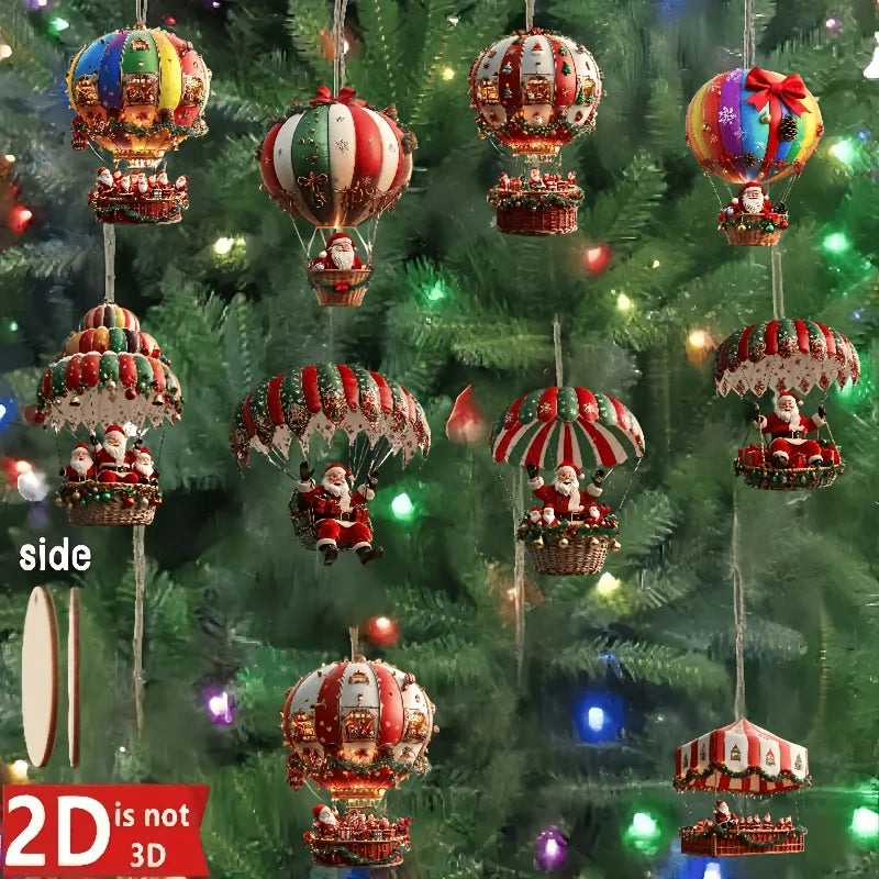 Wooden Hot Air Balloon Santa Claus Ornaments 10 pcs 2D Christmas Tree